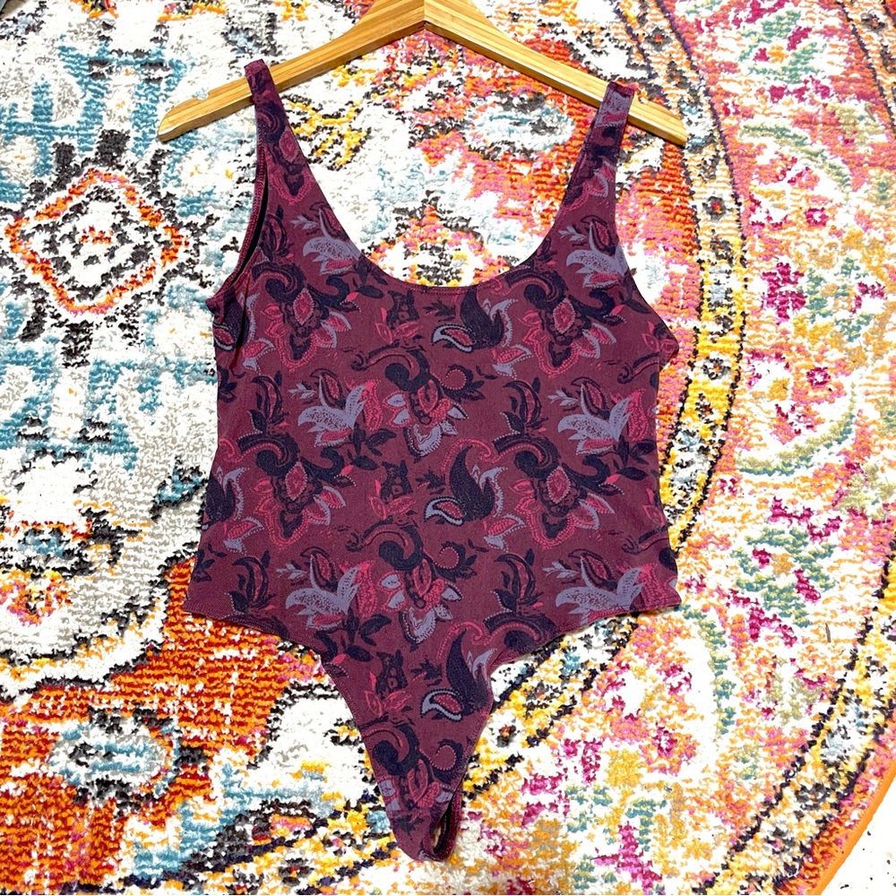 FREE PEOPLE Intimately Burgundy Sheer Floral Bodysuit